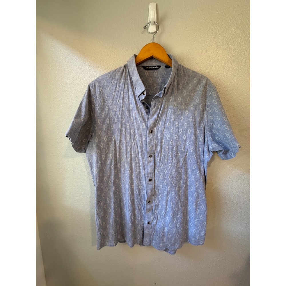 Travis Mathew Button Down Shirt Mens XL Blue Diamond Print Short‎ Sleeve Casual